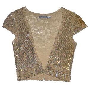 JANE WHEELER England Hand-Knit Cream Sequin Cashmere Shrug Cardigan Jacket SZ M